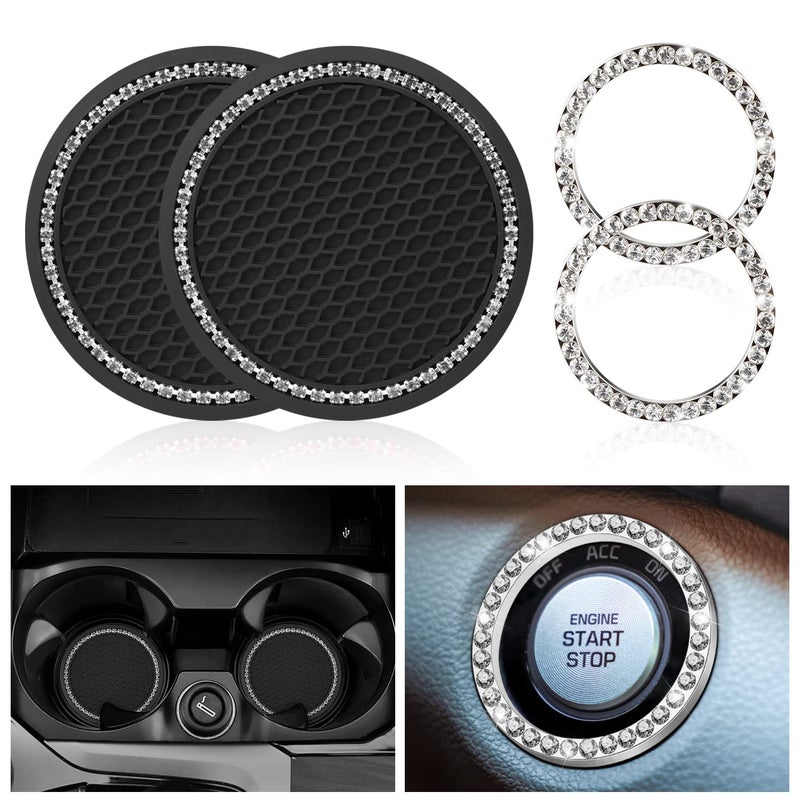 Ouzorp Car Cup Holder Coaster with Push Start Button Bling 4Pcs Bling Crystal Rhinestone Car Interior Accessories Silver - Image 2