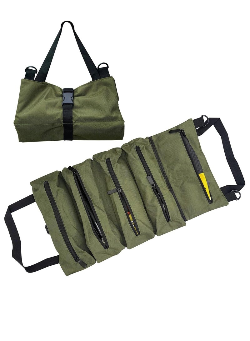 KASTWAVE Tool Roll Up Bag, Multi-Purpose Waterproof Oxford Cloth, Heavy-Duty Tool Organizer Bag with 5 Tool Pockets, Suitable for Electricians, Machinists and Hobbyist, Gift for Men, Army Green - Image 1