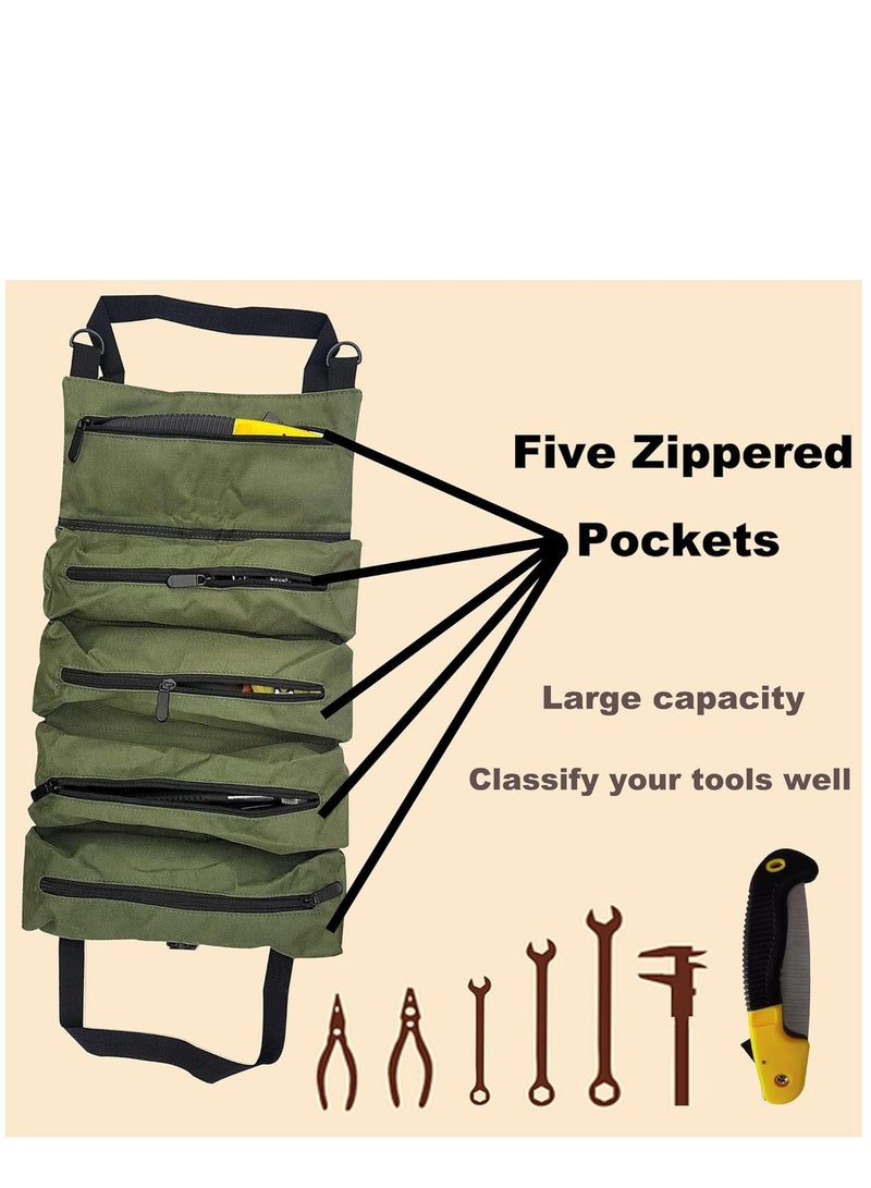 KASTWAVE Tool Roll Up Bag, Multi-Purpose Waterproof Oxford Cloth, Heavy-Duty Tool Organizer Bag with 5 Tool Pockets, Suitable for Electricians, Machinists and Hobbyist, Gift for Men, Army Green - Image 3
