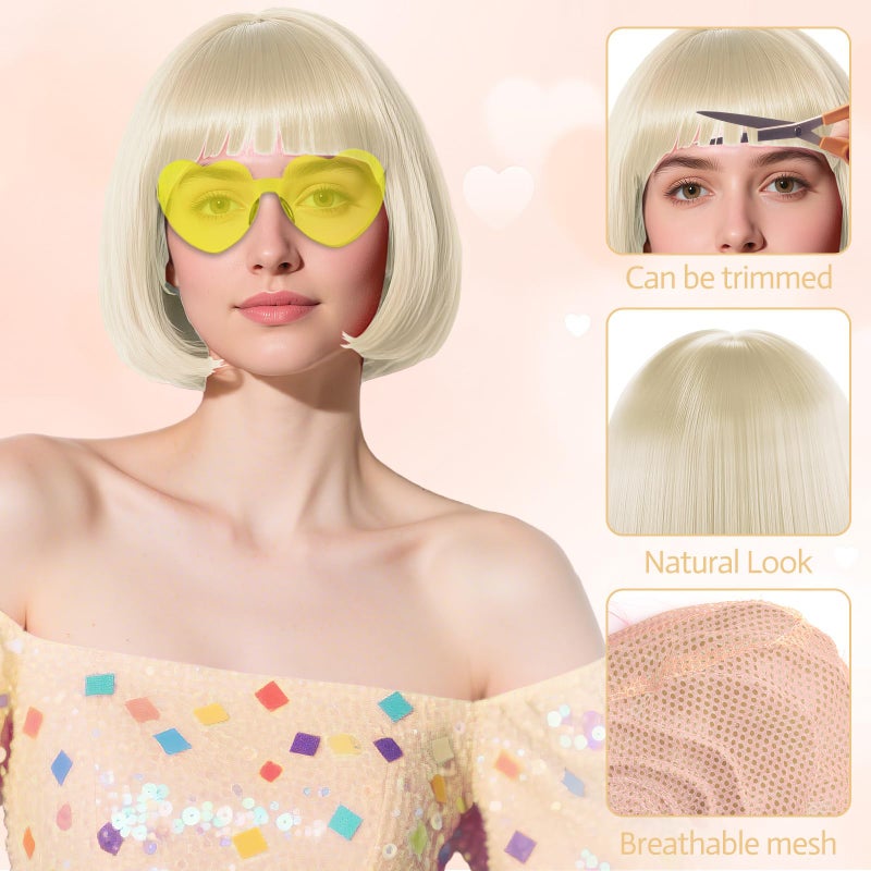 PLULON Hot Pink-Color Bob Wig with Heart Sunglasses Neon Colored Party Wig - Image 4
