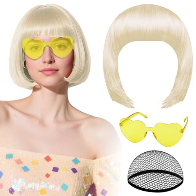 PLULON Hot Pink-Color Bob Wig with Heart Sunglasses Neon Colored Party Wig - Image 2