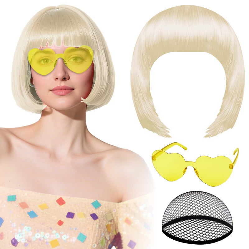 PLULON Hot Pink-Color Bob Wig with Heart Sunglasses Neon Colored Party Wig - Image 1