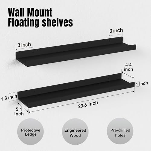 Boswillon Long Floating Shelves, 2 Set Modern Black Wall Shelf for Bedroom, Nursery Book Shelf with Lip, Picture Ledge Shelf for Living Room Bathroom Kitchen - Black,23.6 In - Image 2