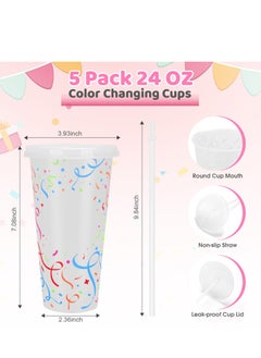 Excefore Color Changing Cold Cups with Lids and Straws - 5 Pack 24 oz Plastic Cute Tumblers Bulk, Reusable Water Drinking Bottle DIY Party Cups for Parties Birthdays Travel Home Activities  - Image 2