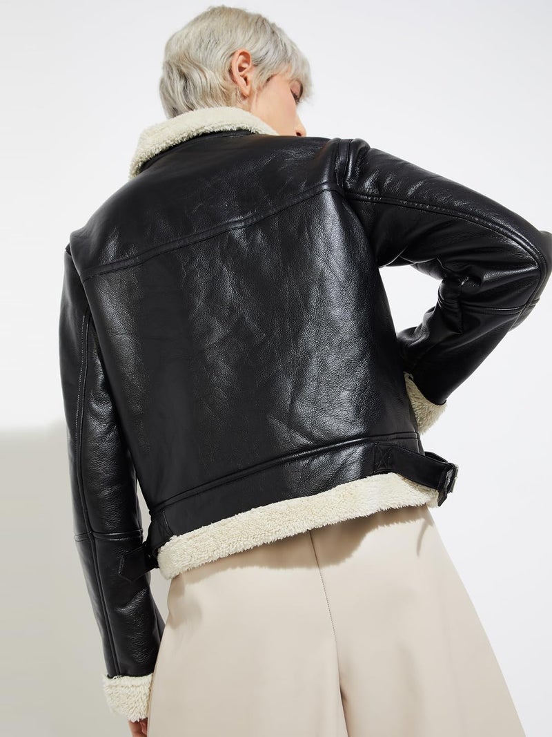 Max ALAYA F x URB_N Women Fur Lined Biker Jacket - Image 3