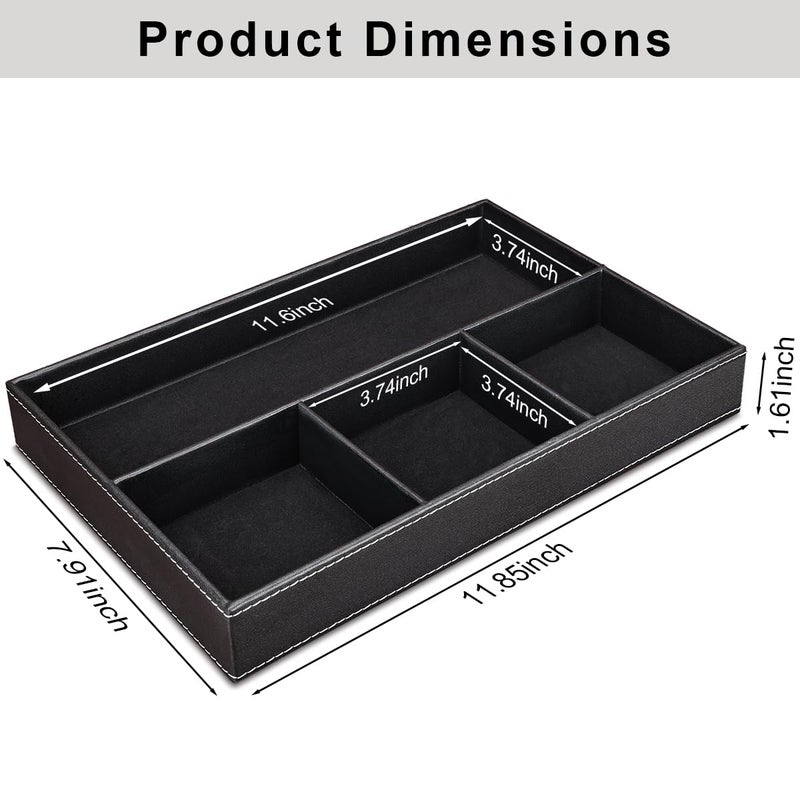 KINGFOM Pu Leather Desk Organizer Tray, 4 Compartment Office Storage Supplies Stationery Drawer Tray, Nightstand Bedside Tray for Key, Wallet, Sunglass, Watch, Coin, Phone Valet Tray Stackable Black - Image 2
