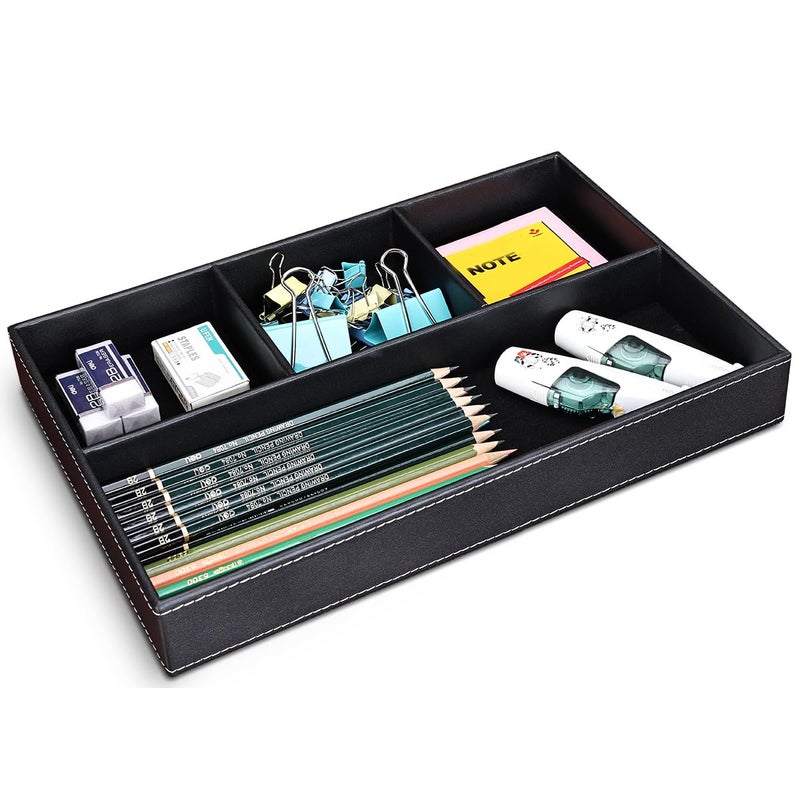KINGFOM Pu Leather Desk Organizer Tray, 4 Compartment Office Storage Supplies Stationery Drawer Tray, Nightstand Bedside Tray for Key, Wallet, Sunglass, Watch, Coin, Phone Valet Tray Stackable Black - Image 5