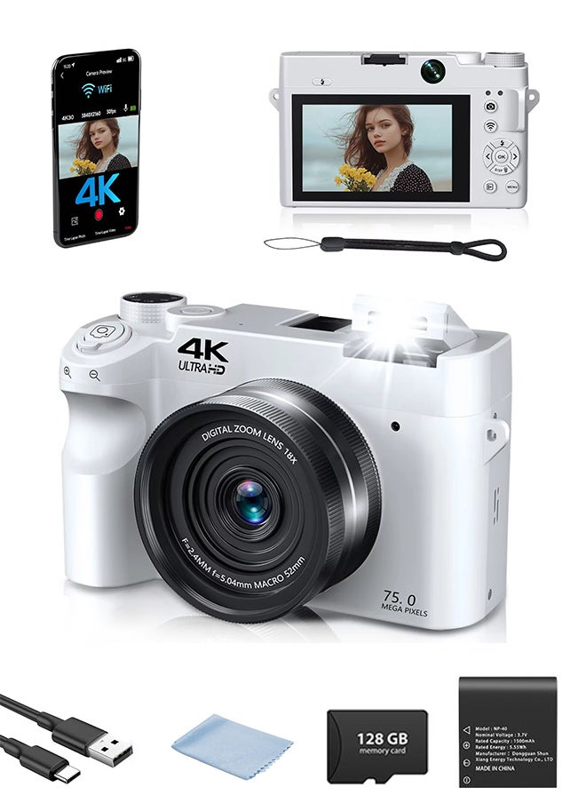 4K Digital Camera, 75MP Cameras for Photography with 18X Optical Zoom & Autofocus, WiFi Vlogging Camera , Dual-Lens, 2 Batteries, 128GB Card & Flash, Best Cameras for Content Creators