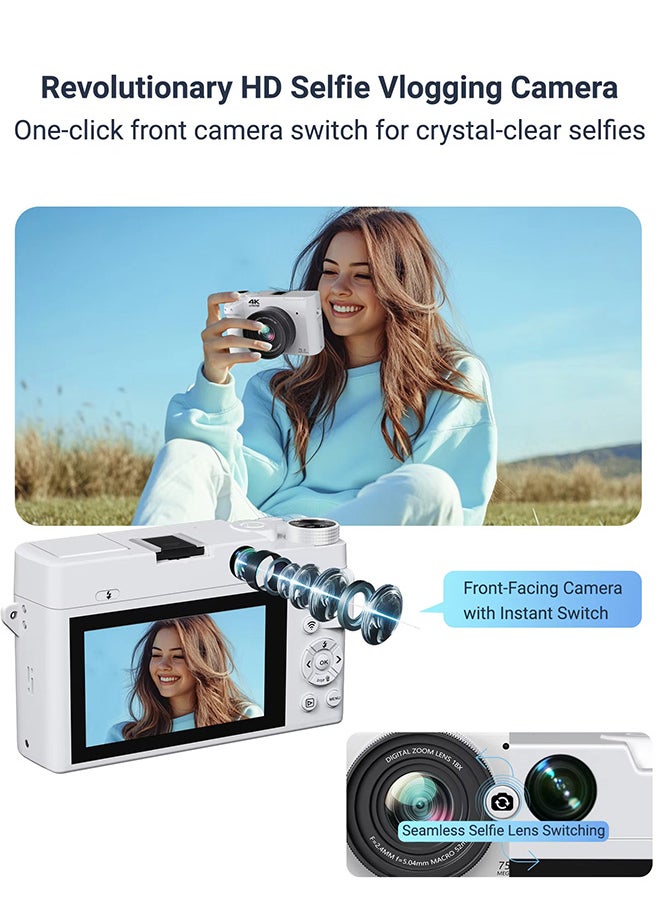 4K Digital Camera, 75MP Cameras for Photography with 18X Optical Zoom & Autofocus, WiFi Vlogging Camera , Dual-Lens, 2 Batteries, 128GB Card & Flash, Best Cameras for Content Creators