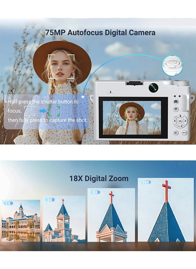 4K Digital Camera, 75MP Cameras for Photography with 18X Optical Zoom & Autofocus, WiFi Vlogging Camera , Dual-Lens, 2 Batteries, 128GB Card & Flash, Best Cameras for Content Creators
