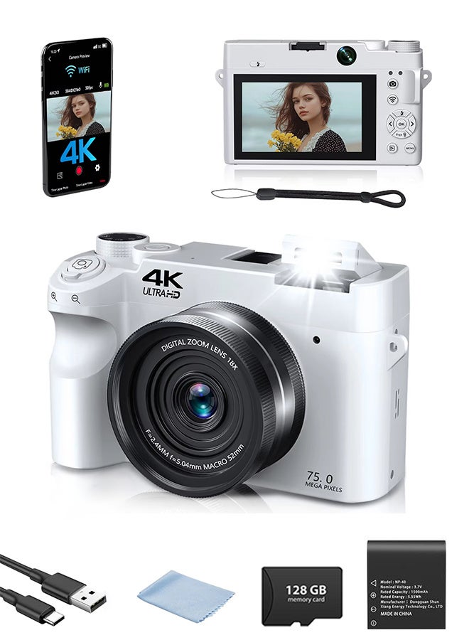 أس جي كام كاميرا رقمية بدقة 4K، كاميرات بدقة 75 ميجابكسل للتصوير مع تقريب بصري 18x وضبط تلقائي للصورة، كاميرا فيديو بتقنية WiFi، عدسة مزدوجة، بطاريتان، بطاقة ذاكرة 128 جيجابايت وفلاش، أفضل الكاميرات لمنشئي المحتوى - Image 1