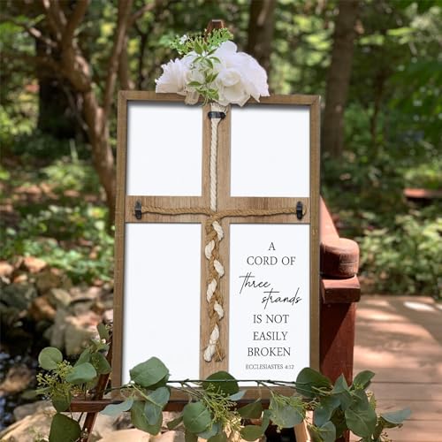 Surfapans A Cord of Three Strands Wedding Sign 15"X10" Braid for Wedding Ceremony Ideas Wood Frame for Couple Anniversary Religious Christian Marriage Gifts Decor Ecclesiastes 4:9-12 (Wood) - Image 2
