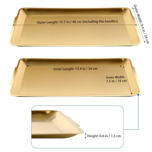 Sanbege Large Stainless Steel Serving Platter, 15.7" Rectangle Camping Plate, Vanity Organizer Tray for BBQ, Party, Buffet, Appetizer, Bathroom Supplies (Brushed Gold) - Image 2