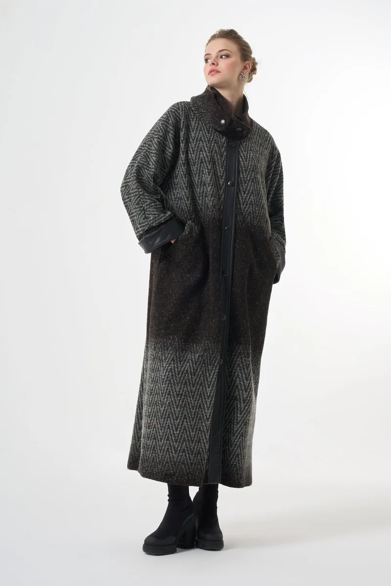 MissWhence  Long Wool Patterned Overcoat - Brown for Women | Best Price UAE