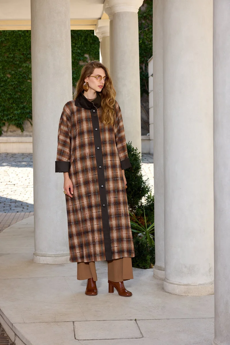 ميس وينس Long Wool Patterned Overcoat - Brown