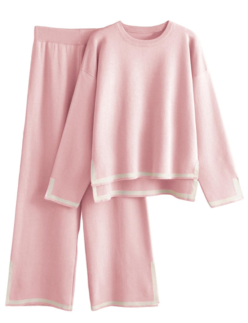 Tanming Women's 2 Piece Outfits Long Sleeve Knit Sweater Top Wide Leg Pants Lounge Sets Tracksuits(Pink-XL) - Image 1