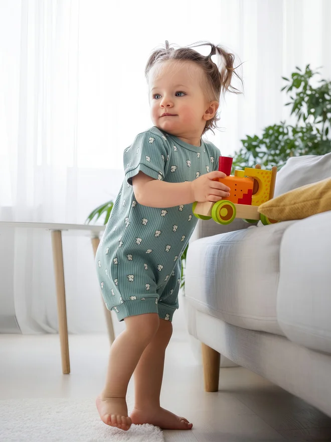 بابيز_بيسك Babies Basic Premium Ribbed Cotton Short Sleeves Printed Romper