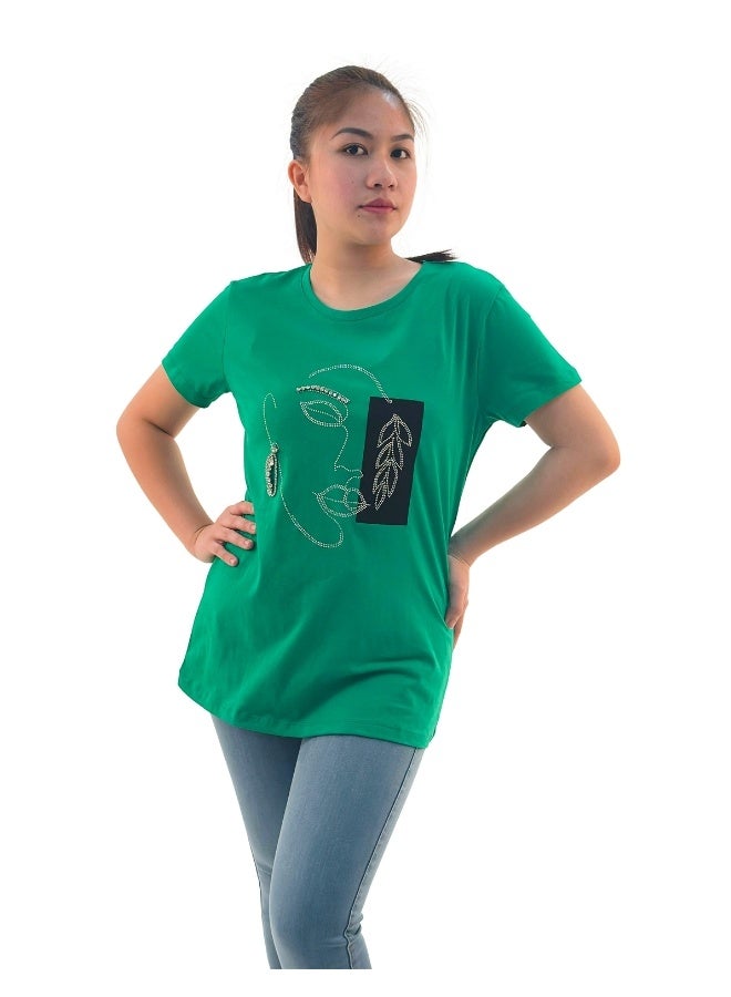 JOANNA تي شيرت نسائي بجزء علوي دائري بأكمام قصيرة بطباعة وجه - أخضر - م - Image 1