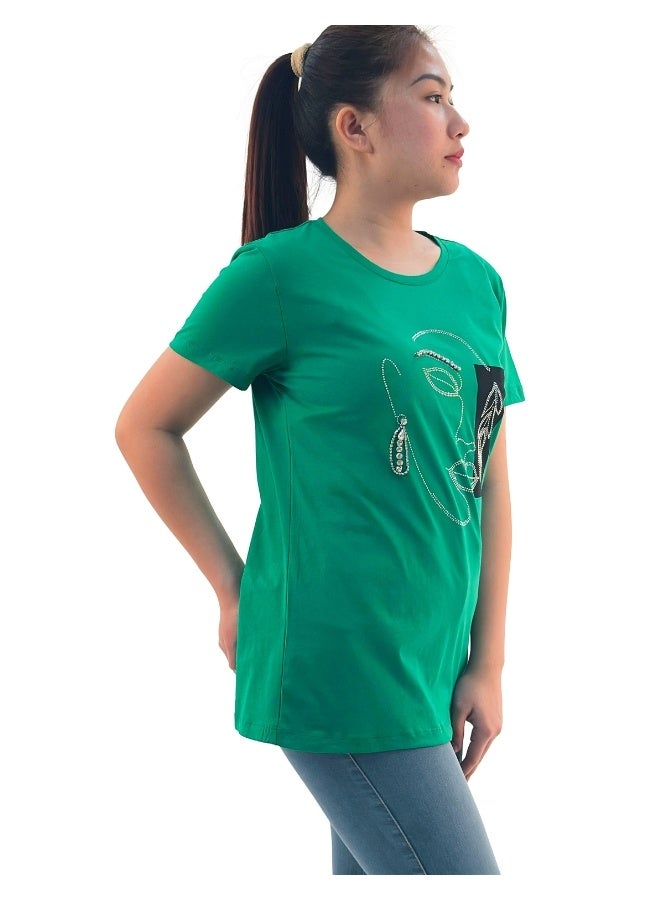 JOANNA تي شيرت نسائي بجزء علوي دائري بأكمام قصيرة بطباعة وجه - أخضر - م - Image 2