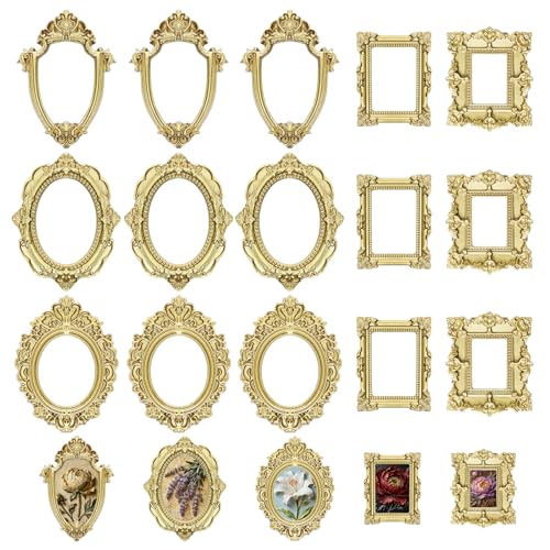 Sdfvsdg 15PCS Vintage Resin Picture Frame Mini Photo Frame Tiny Gold Antique Frames Small Picture Frame Oval Rectangle Wall Hanging for Tabletop Display Home Decor (Gold, Classic) - Image 1