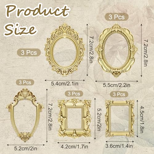 Sdfvsdg 15PCS Vintage Resin Picture Frame Mini Photo Frame Tiny Gold Antique Frames Small Picture Frame Oval Rectangle Wall Hanging for Tabletop Display Home Decor (Gold, Classic) - Image 2