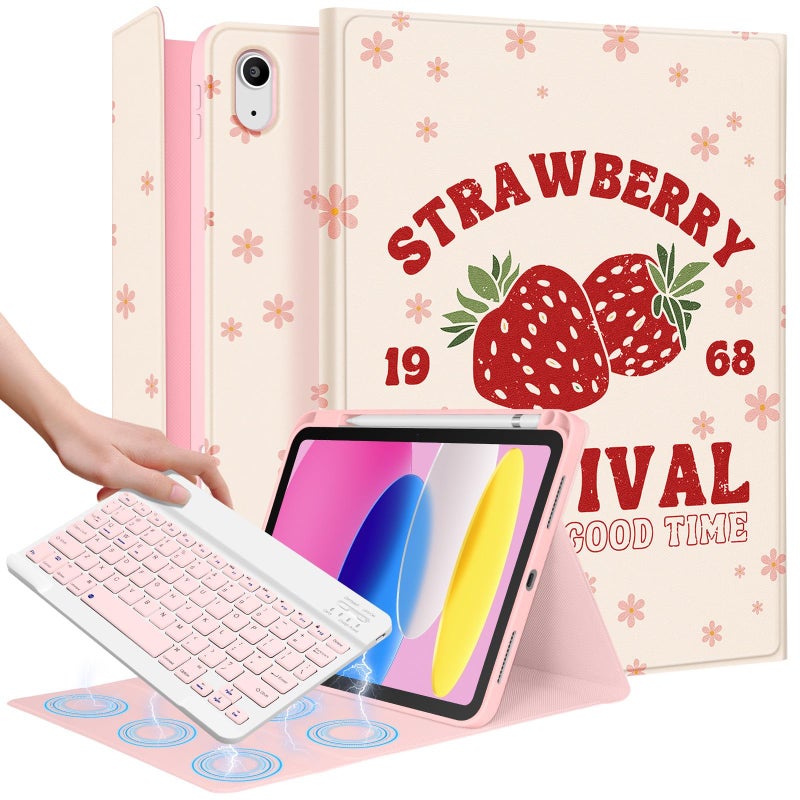 Wazzasoft for iPad 10th Generation Case with Keyboard - for iPad A16 Cases Pencil Holder 10.9 Inch Cover Women Girl Cute Girly Unique Strawberry Design Funda for Apple Tablet 10th/11th gen - Image 1