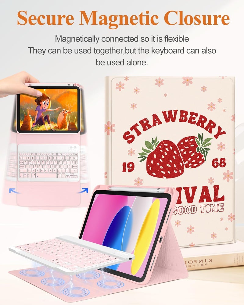 Wazzasoft for iPad 10th Generation Case with Keyboard - for iPad A16 Cases Pencil Holder 10.9 Inch Cover Women Girl Cute Girly Unique Strawberry Design Funda for Apple Tablet 10th/11th gen - Image 4