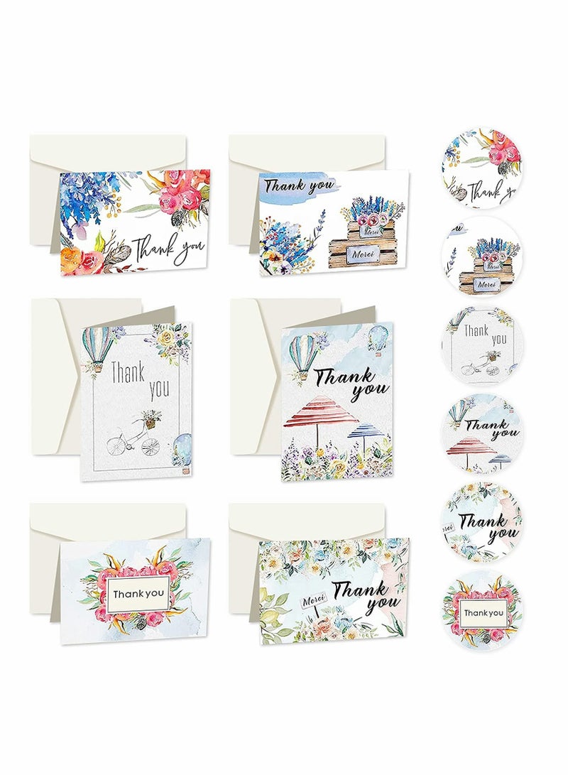 Generic Thank You Cards Pack of 24, Flower Designs Elegant Bulk Thank You Notes, Ink Painting Series Thank You Cards, Gratitude Cards with 24 Stickers and 24 Envelopes for All Occasions, 6 Styles - Image 1