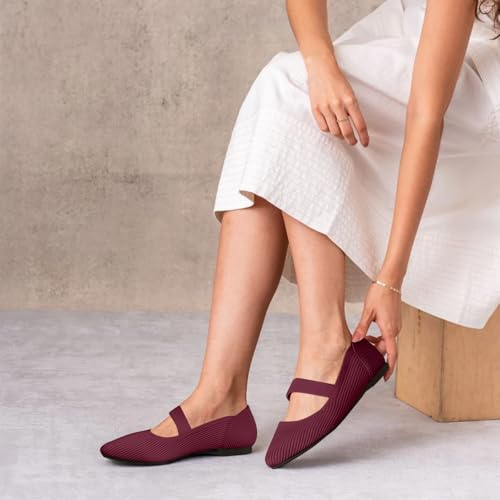 TINGRISE Women's Flats Shoes Pointed Toe Knit Washable Ballet Comfortable Dressy Mary Jane Flat Red US8.5 - Image 4