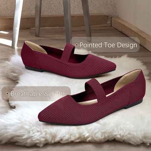 TINGRISE Women's Flats Shoes Pointed Toe Knit Washable Ballet Comfortable Dressy Mary Jane Flat Red US8.5 - Image 3