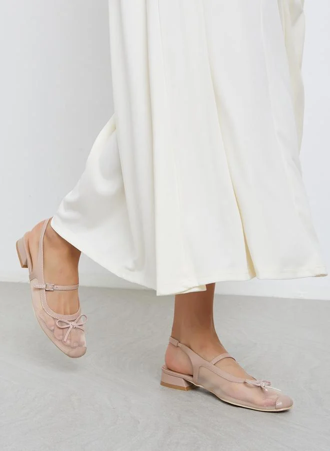 Styli Beige Mesh Mary Jane Shoes with Bow Detail