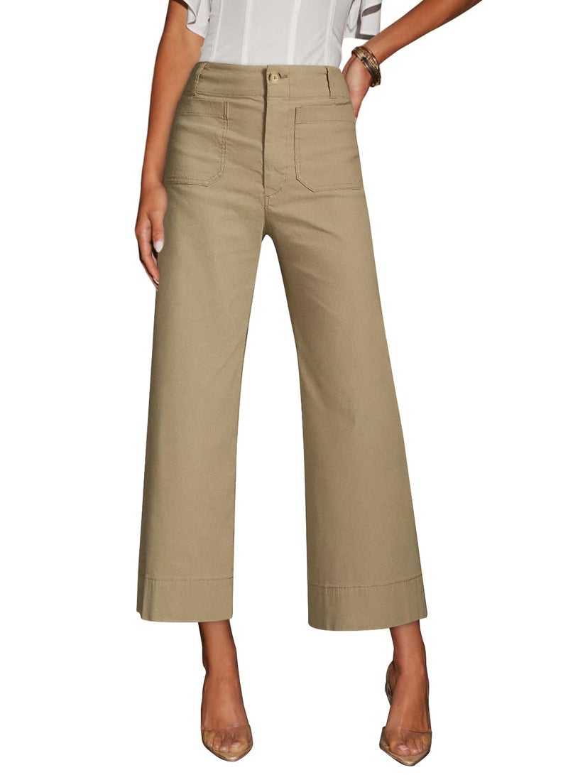 miduo Womens Fall Winter Plus Size Button Zipper High Waisted Cropped Wide Leg Capris Pants Trousers with Pockets Khaki 32 - Image 1