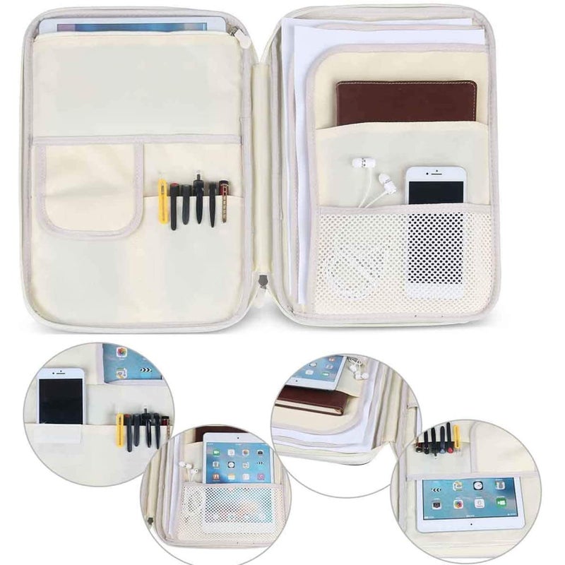 Multi-Functional A4 Document Bags Travel Portfolio Organizer Waterproof Travel Pouch Notepad Carrying Cases File Holder Tablet Sleeve Storage Bag for Travel Office Business Meeting (Mulberry White) - Image 4