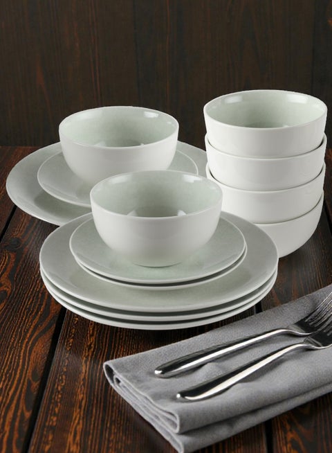 18 piece Porcelain Dinnerware Set, Set for 6, Microwave & Dishwasher Safe, Speckled Light Green