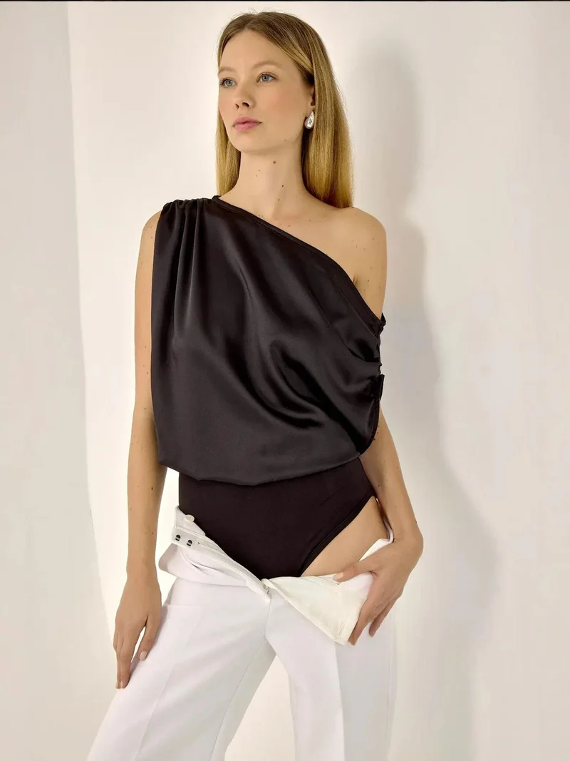 HICCUP Asymmetrical Collar Satin Bodysuit