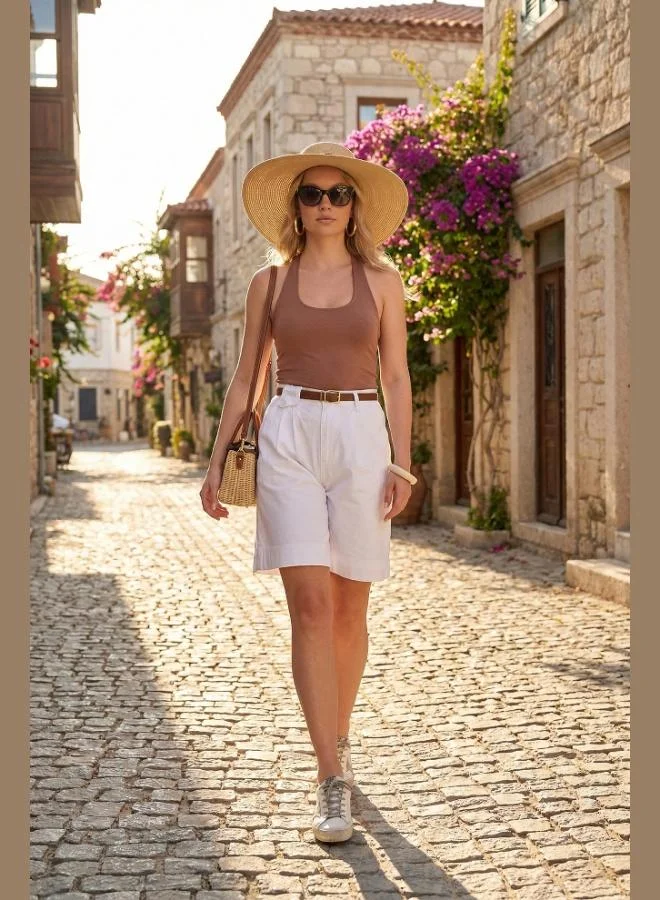 ليلا Lela Cotton Loose Fit Pleated Belted Bermuda Shorts Women's Shorts 668YP5439