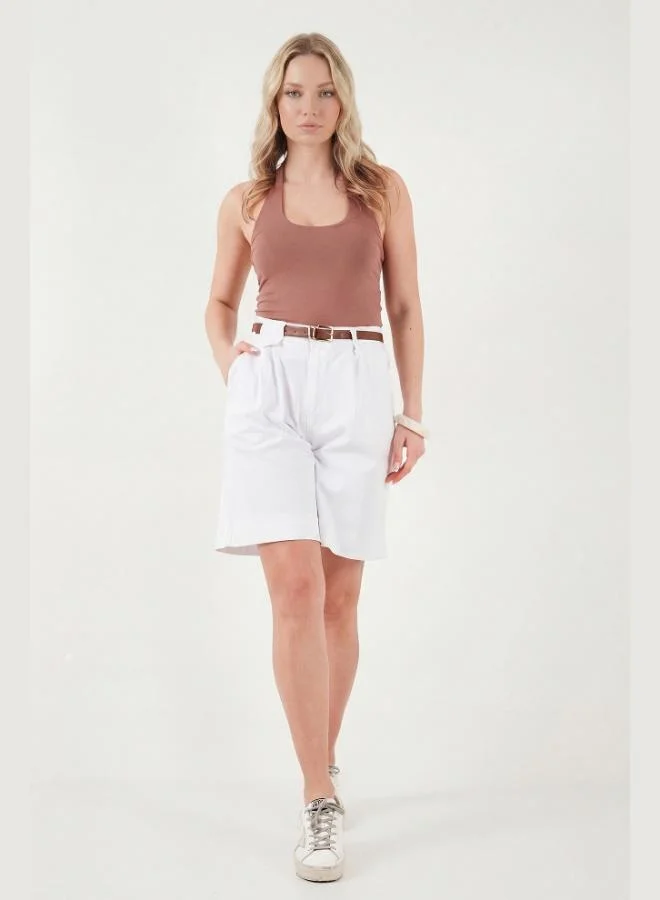 ليلا Lela Cotton Loose Fit Pleated Belted Bermuda Shorts Women's Shorts 668YP5439