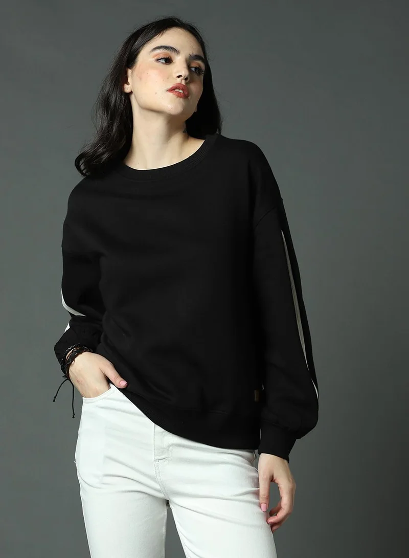 HIGH STAR Women's Black 100% Acrylic Oversized Sweatshirt