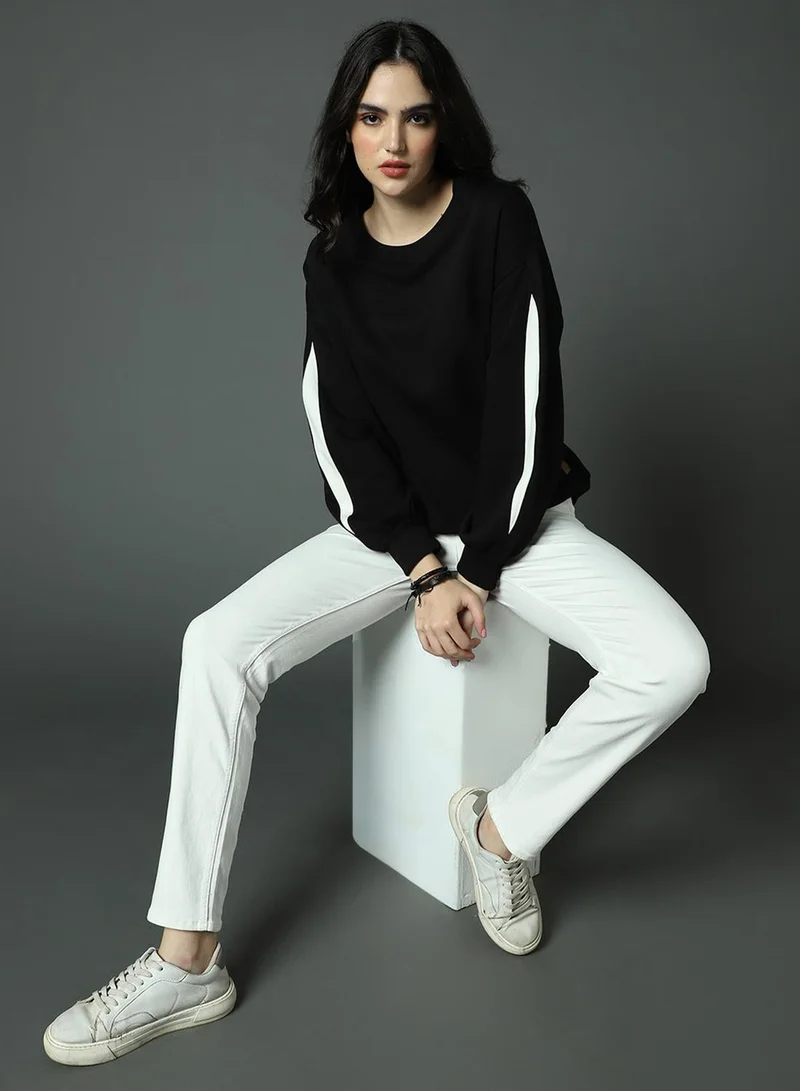 HIGH STAR Women's Black 100% Acrylic Oversized Sweatshirt
