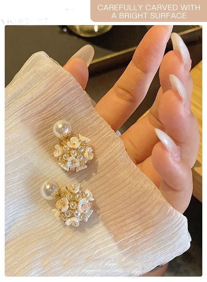 Earrings Silver Needle Zircon Pearl Flower French Retro Shell Spherical Stud Earrings Super Fairy Temperament Versatile Earrings - Image 4