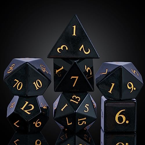 UDIXI Stone DND Dice Set 7PCS Gemstone Dice Natural Stone with Gift Case for Role Playing Game and Tabletop Games Obsidian - Image 1