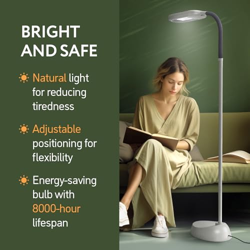 Kenley Natural Daylight Floor Lamp - Craft Light Floor Standing for Reading, Crafting, Sewing - Adjustable Gooseneck - Task Lamps for Living Room, Bedroom, Office - Image 2