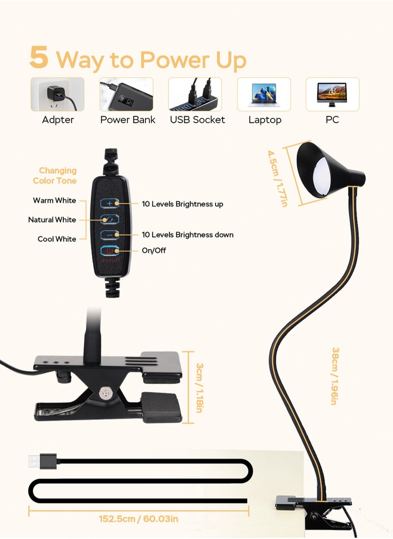 LOOPITYS - Reading Light, USB Clamp Lamp for Child Reading Book in Bed at Night, LED Small Desk Lamp with Adjustable Gooseneck Clip on Beside Table for Studying Working Drafting Sewing - Image 1