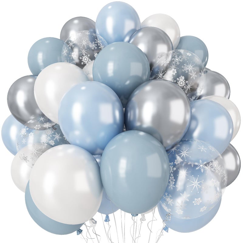Paeyeq Blue Snowflake Balloons, 12 Inch Winter Wonderland Balloons Double Stuffed Dusty Light Baby Blue Pearl White Silver Clear Latex Balloon for Christmas Winter Snow Baby Shower Birthday Party Decorations - Image 1