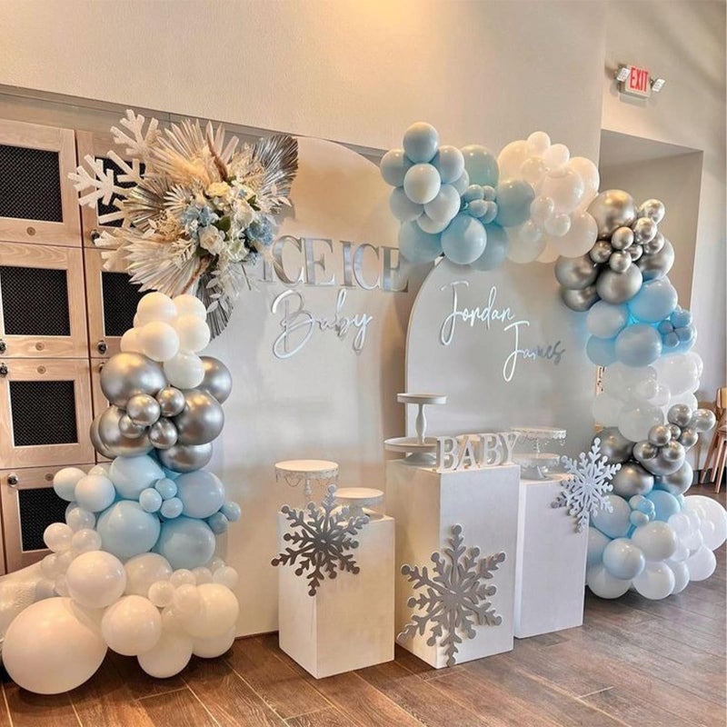 Paeyeq Blue Snowflake Balloons, 12 Inch Winter Wonderland Balloons Double Stuffed Dusty Light Baby Blue Pearl White Silver Clear Latex Balloon for Christmas Winter Snow Baby Shower Birthday Party Decorations - Image 2