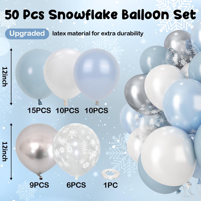 Paeyeq Blue Snowflake Balloons, 12 Inch Winter Wonderland Balloons Double Stuffed Dusty Light Baby Blue Pearl White Silver Clear Latex Balloon for Christmas Winter Snow Baby Shower Birthday Party Decorations - Image 3