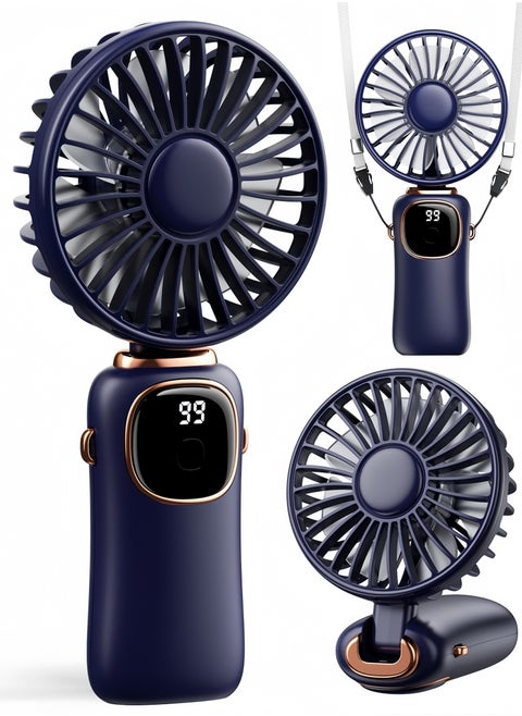 Mini Handheld Fan  5 Speed Adjustable 90° Foldable & 3-in-1 (Handheld/Neck/Desk)  Digital Display Portable Small Fan for Women Makeup Travel Office (Dark Blue)
