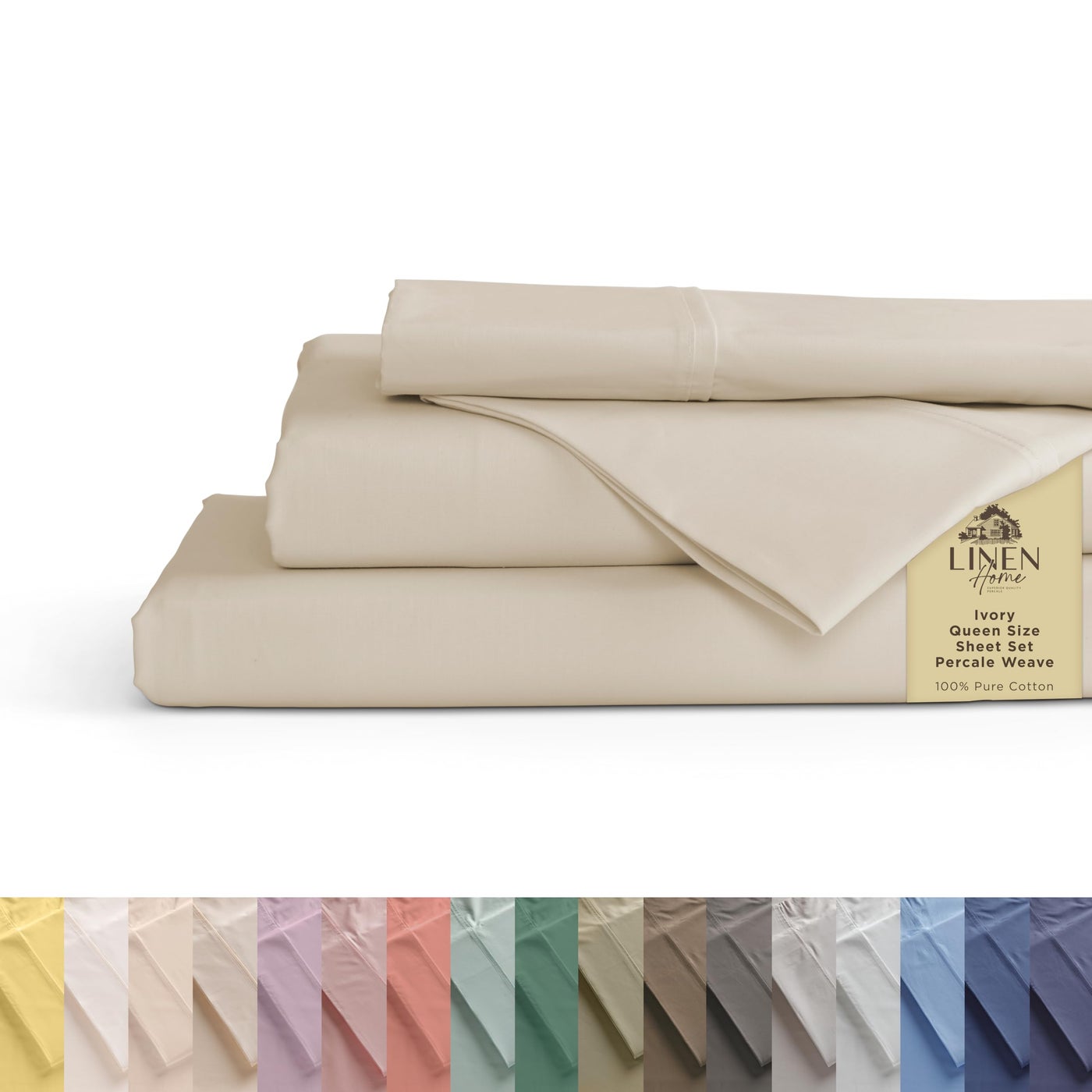 Linen Home 100% Cotton Percale Sheets Queen Size, Ivory, Deep Pocket, 4 Pieces Set - 1 Flat, 1 Deep Pocket Fitted Sheet and 2 Pillowcases, Crisp Cool and Strong Bed Linen