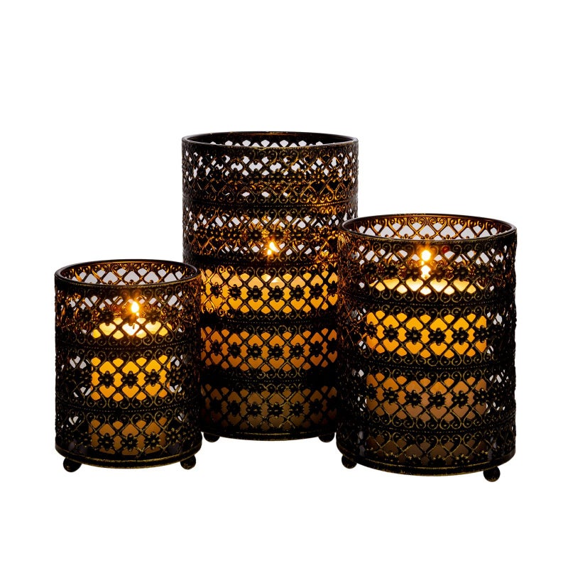 مجموعة حاملات الشموع المعدنية مكونة من 3 مجموعات حامل شموع Tealight المزخرفة، شمعدان لعمود عتيق الطراز مثالي لقطع الطاولة المركزية وديكور المنزل وحفلات الزفاف والأحداث - Image 1