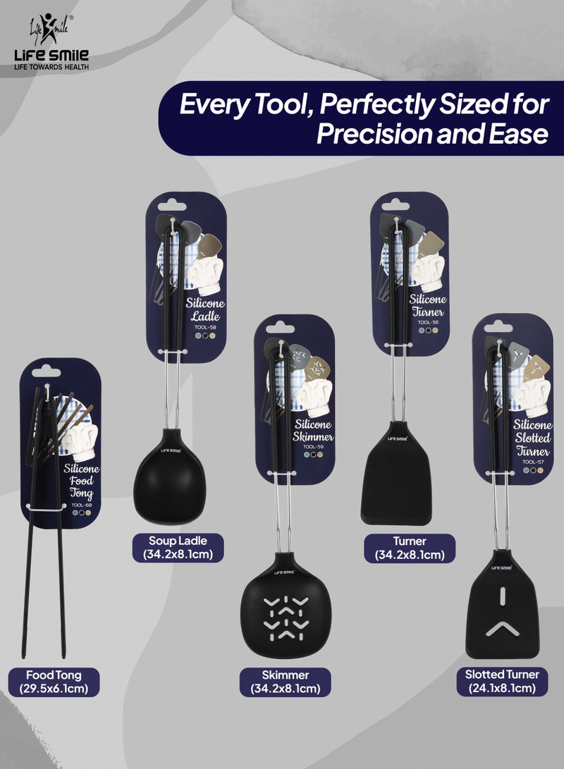 Life Smile Lifesmile Silicone Kitchen Utensils Set (5-Piece) | Ladle, Turner, Slotted Turner, Skimmer & Food Tong | Heat-Resistant - Image 2